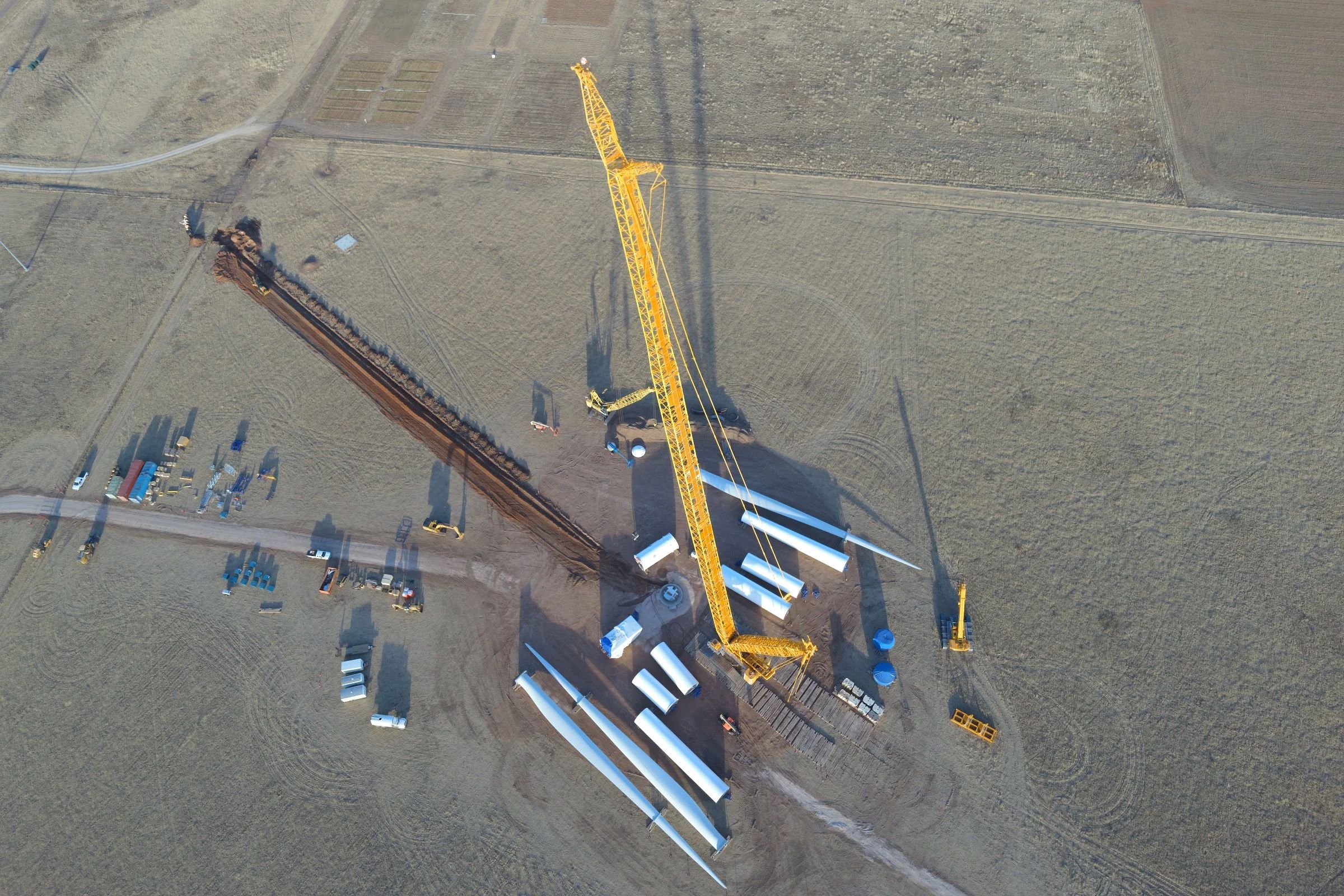 Aerial view of the construction of the Goldwind wind turbine in West Texas