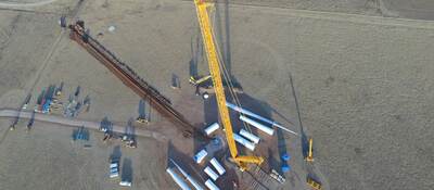 Aerial view of the construction of the Goldwind wind turbine in West Texas