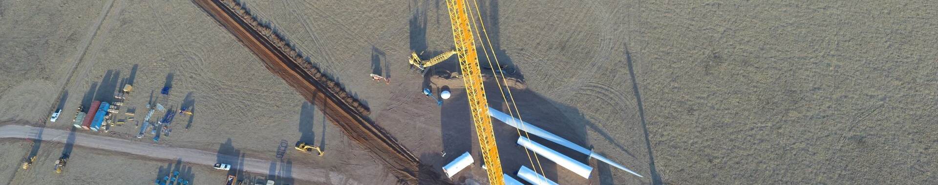 Aerial view of the construction of the Goldwind wind turbine in West Texas